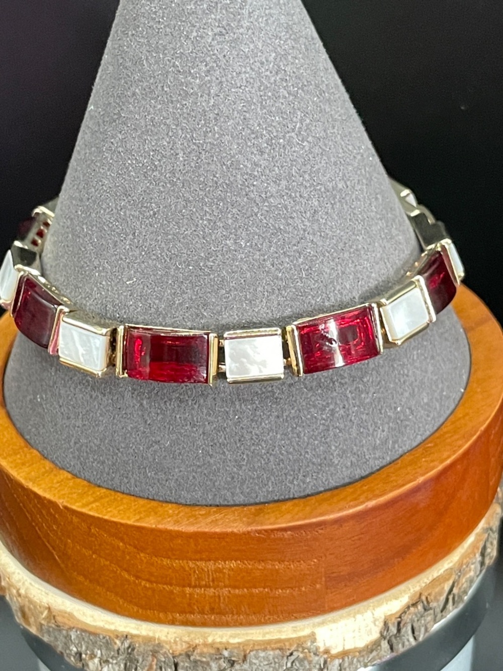 Vintage Monet Red Mother of Pearl Panel Links Tennis Bracelet 8"